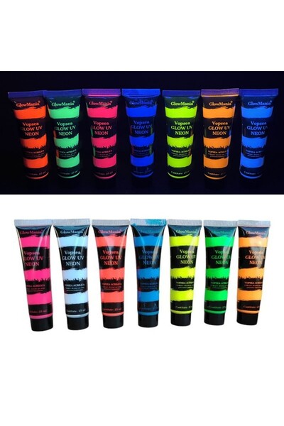 PROCART Set de 7 culori de vopsea UV neon strălucitoare, 25 ml/culoare, pentr...