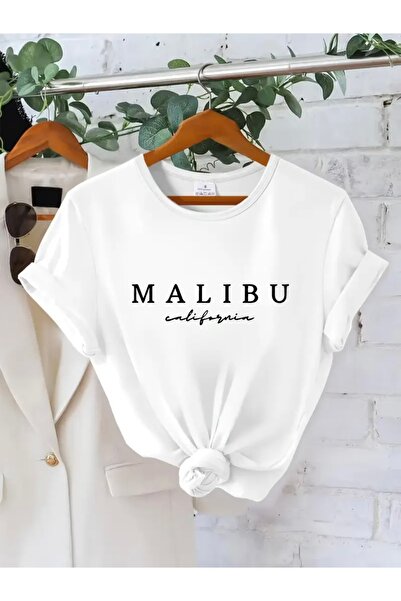 FUFLUNS تي شيرت ماليبو كاليفورنيا مطبوع برقبة دائرية كبيرة الحجم