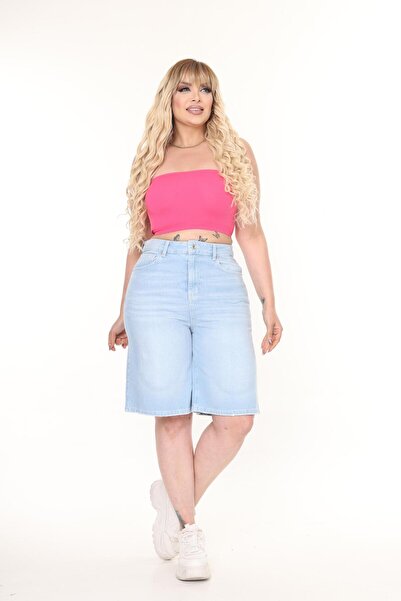 Zeo Basic KADIN BÜYÜK BEDEN LİKRALI UZUN BERMUDA KOT ŞORT MİDİ BOY BUZ MAVİ