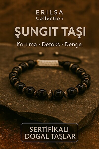 Erilsa Sertifikalı Doğal Şungit Taşı Bileklik Elektromanyetik Koruma ve Derin Enerji Temizliği Sağlar