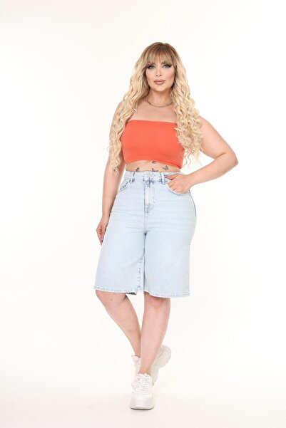 Zeo Basic KADIN BÜYÜK BEDEN LİKRALI UZUN BERMUDA KOT ŞORT MİDİ BOY BUZ MAVİ