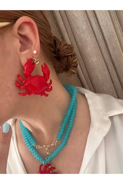 Esmeray Aksesuar Gold Renk Rodyum Kaplama Kırmızı Yengeç Figürlü Küpe Genişlik 5 cm. Uzunluk 7 cm.