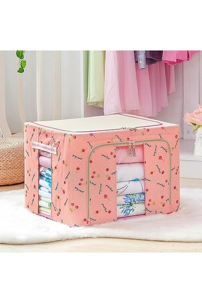 Briggs Foldable Storage Box, 24L, Oxford Fabric, 40x30x20 cm, Front Window, Cherry Print, Pink