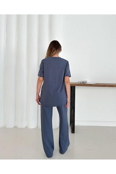 cottonage Women's Casual Diamond Blouse Elastic Waist Pants Modal Set