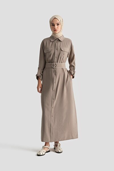 Armine TREND ARMİNE TREND Düğmeli Beli Kemerli Gömlek Yaka Elbise-Vizon 25YT929