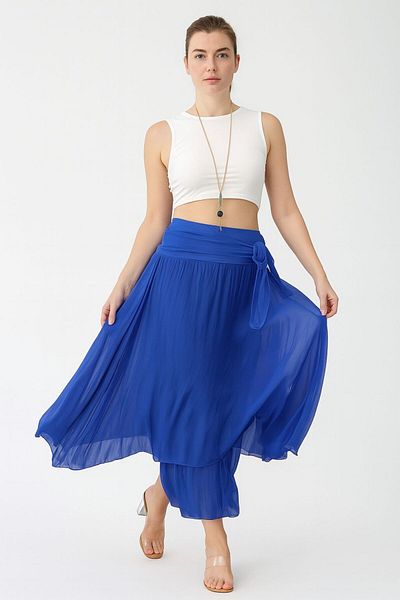AGORATEKSTİL Women's Original Italian Elastic Waist Lined Silk Woven Skirt