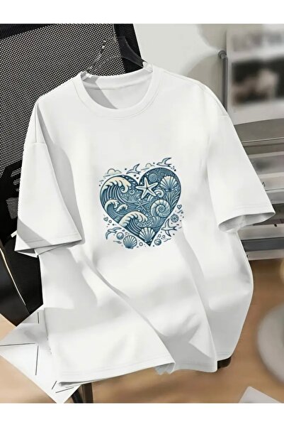 FUFLUNS تي شيرت برقبة دائرية كبيرة الحجم مطبوع على شكل قلب