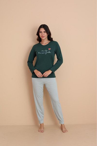 STELLAPİNK Women's Green Printed Long Sleeve Pajama Set