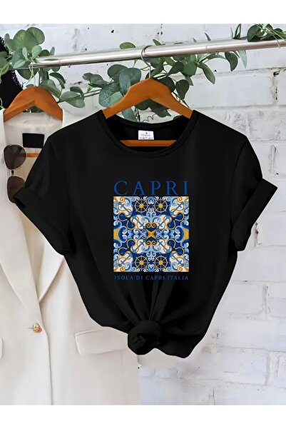 FUFLUNS تي شيرت كابري مطبوع برقبة دائرية كبيرة الحجم