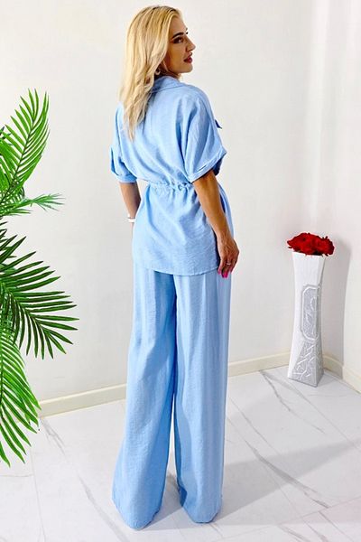 FashionForYou Ținută casual de vară LUNIA, cămașă mulată și pantaloni largi, albastru deschis, mărimea S/M