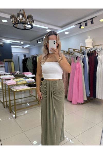 LİSAA BUTİK Women's Waist Gathered Slit Long Skirt