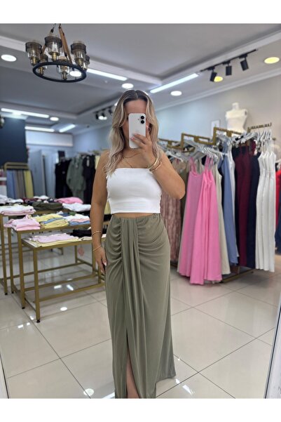 LİSAA BUTİK Women's Waist Gathered Slit Long Skirt
