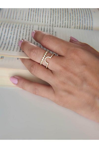 Eva Takı Store Oval Two Row Stone Model Adjustable Gold Gold Color Ring