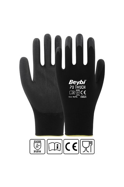 Beybi Pu Touch Black Work Gloves - Pack of 12 |   Lightweight, Flexible and Precise Grip