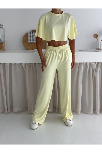 Ozy Fashion Culoare galbenă, țesătură moale pentru scafandri, mâneci liliac, set de 2