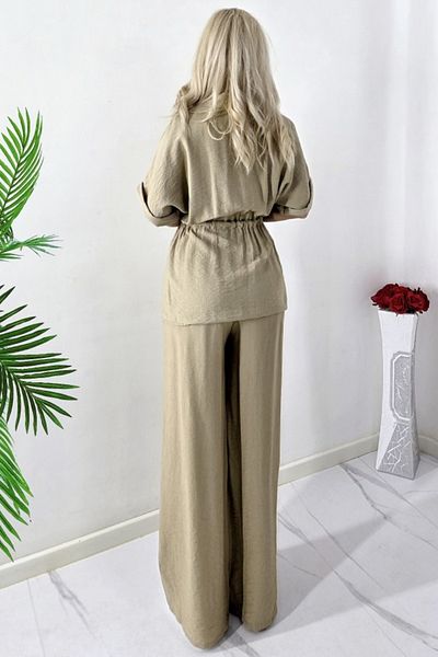 FashionForYou Set casual din viscoză LUNIA, cămașă lungă și pantaloni cu bandă elastică, BEJ, Mărime S/M