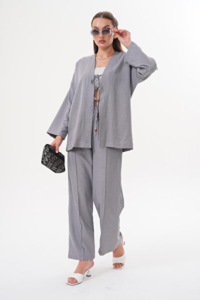 ŞİMAL Kadın Önü Bağcık Detaylı Sofia Keten Takım 250621 -