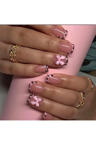 PİRAYE AKSESUAR 24'lü Pembe Leopar French Detaylı Kısa Küt Model Takma Tırnak...