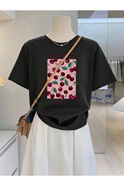 FUFLUNS تي شيرت برقبة دائرية كبيرة الحجم مطبوع عليه فواكه سوق الكرز