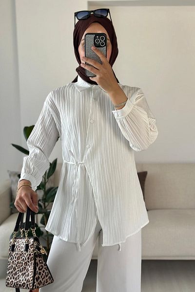 HİFADEN Women's Cross Tie Long Sleeve Buttoned Hijab Shirt