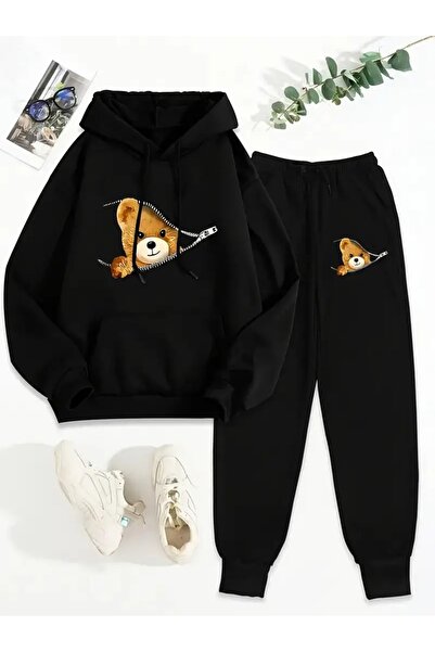 WOODROFFE Buzunar Fermuar Set de trening Oversize cu imprimeu Urs Drăguț pentru femei, negru și gri