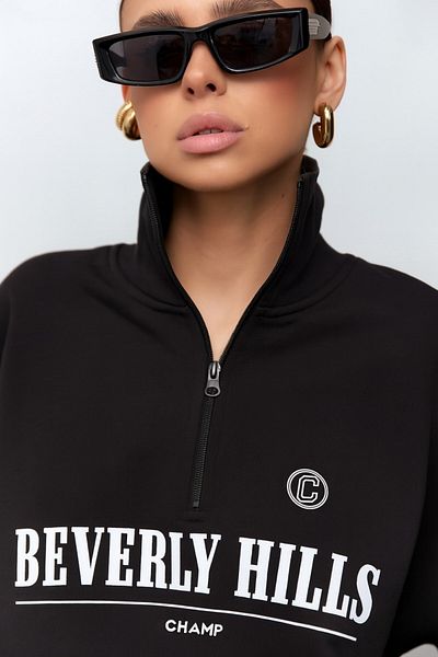 The Champ Clothing Дамски черен суитшърт с цип и щампа Beverly Hills - удобен голям размер