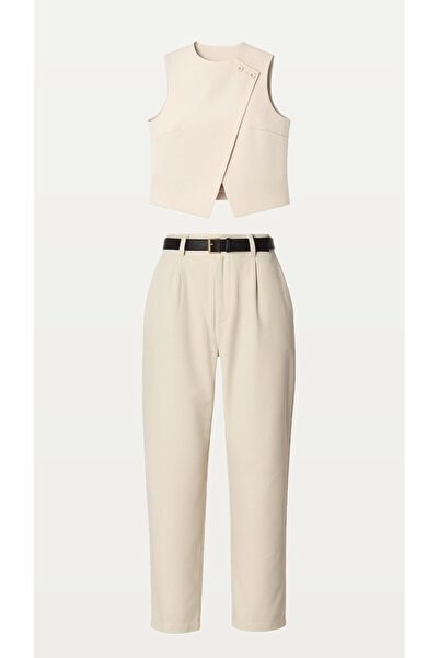UNTIMELY Light Beige Asymmetrical Blouse & Trousers Set
