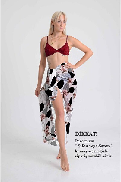 DESENİX Geometric Floral Print White Beach Dress |   Chiffon & Luxury Satin O...