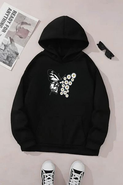 CLAYES Hanorac negru unisex cu glugă – țesătură groasă cu imprimeu Butterfly Daisy