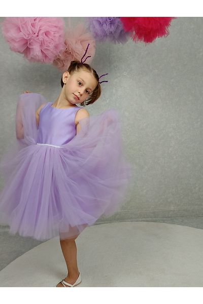 MadyaButik Girl's Island Model Evening Dress Lilac Waist Pearl Dress