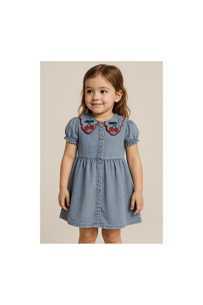 CİCHLİD Girl's Collar Cherry Detail Denim Dress