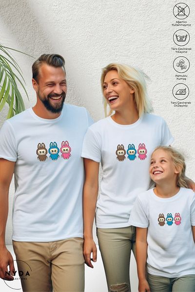 Nyda Collections Mother Father Child Combination Crew Neck Labubu Printed Short Sleeve T-Shirt (Sold Individually)