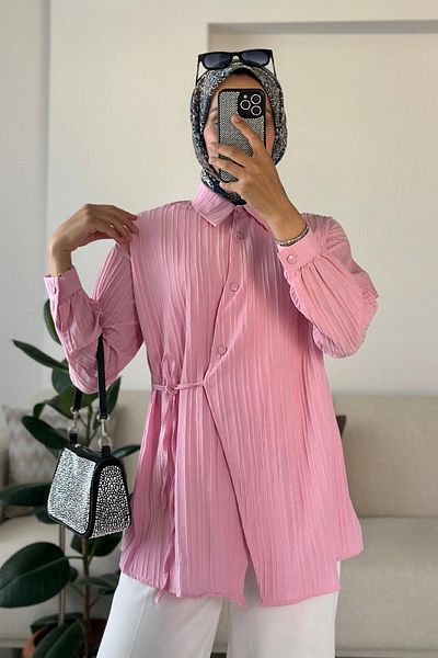 HİFADEN Women's Cross Tie Long Sleeve Buttoned Hijab Shirt