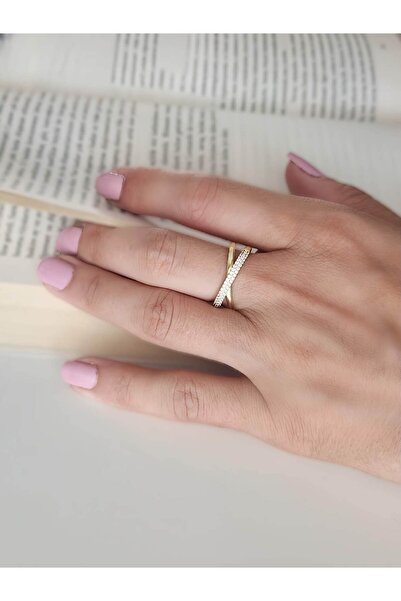 Eva Takı Store خاتم كروس X موديل حجر الزركون قابل للتعديل باللون الذهبي