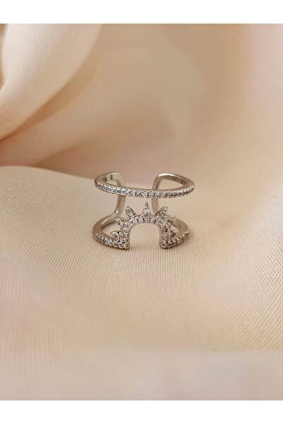 Eva Takı Store خاتم من الفضة اللون قابل للتعديل موديل Sun بصفين من الأحجار