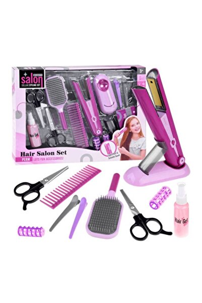 PROCART Set de coafură pentru copii, placă de îndreptat părul, foarfece, piepteni, ondulatoare, cărți de joc, roz