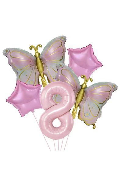 parti sürprizi Gold Butterfly Pink 8 Year Old Number Balloon Set