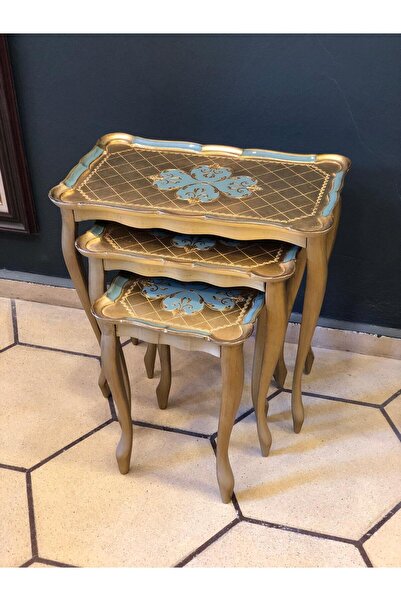 Dora Art Italyan Gül Ağacı El Yapımı Altın Varak Kaplama Zigon Sehpa Takımı