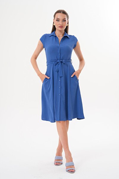 ŞİMAL Women's Button Closure Belt Detailed Ayrobin Dress 250623 -