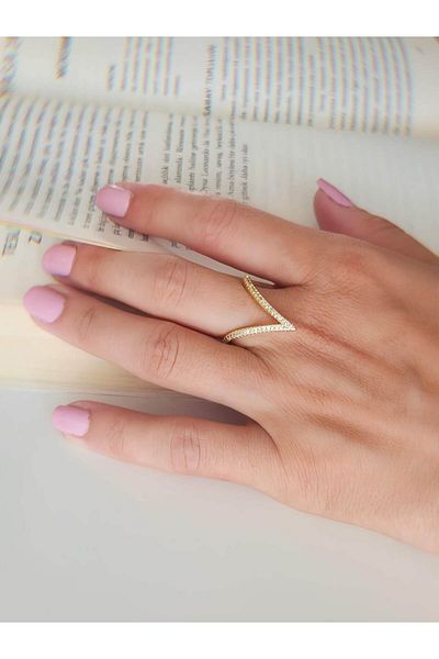 Eva Takı Store V Model Zircon Stone Adjustable Gold Gold Color Ring