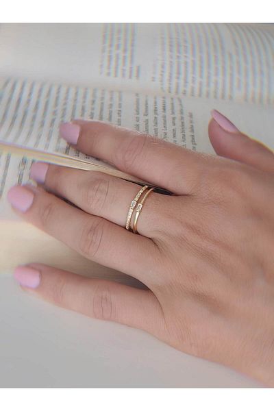 Eva Takı Store Adjustable Gold Gold Color Ring with Two Rows of Zircon Stones