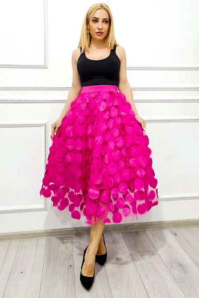 FashionForYou Zefira Occasion Skirt, with tulle, satin applications and 3D polka dots, Fuchsia, Size S/M