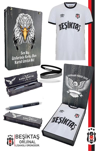 Beşiktaş طقم جيرسي أبيض نوستالجيا مرخص أصلي + سوار + مجموعة أقلام تنتش مع صندوق خشبي للهدايا