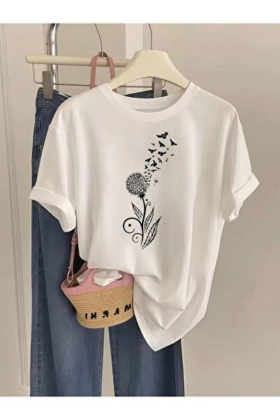 FUFLUNS Oversize Crew Neck T-Shirt with Pumpkin & Bird Print