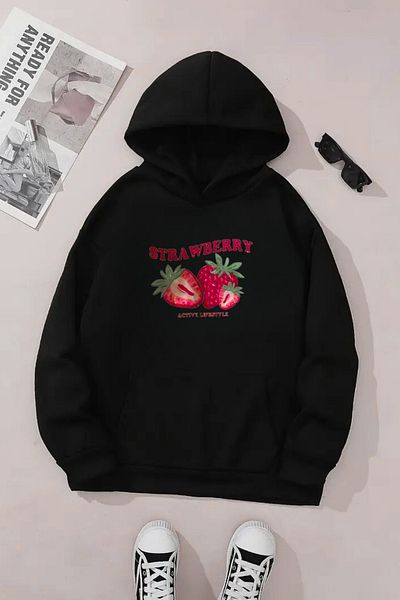 CLAYES Hanorac negru unisex cu glugă – țesătură groasă cu imprimeu de căpșuni