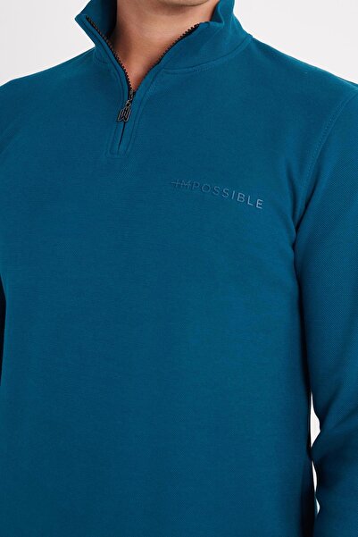 Tudors Hanorac pentru bărbați, slim fit, subțire, din bumbac, cu jumătate de fermoar, cu gât înalt, în culoare ulei