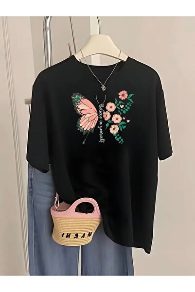 FUFLUNS تي شيرت برقبة دائرية كبيرة الحجم مطبوع عليه BELIEVE IN YOURSELF