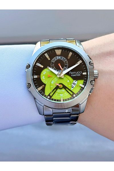 Ferrucci Men's Wristwatch Metal Band Calendar Green Detailed Multifunctional