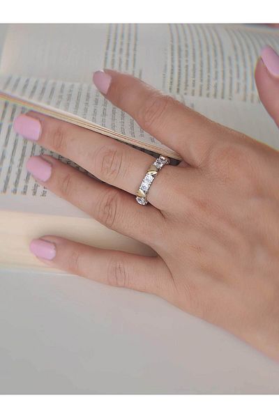 Eva Takı Store Heart Solitaire Model Adjustable Silver Gold Gold Color Ring
