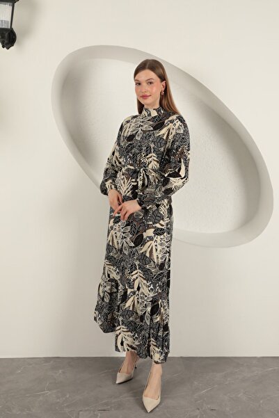 Mylida Viscose Fabric Leaf Patterned Dress-Black